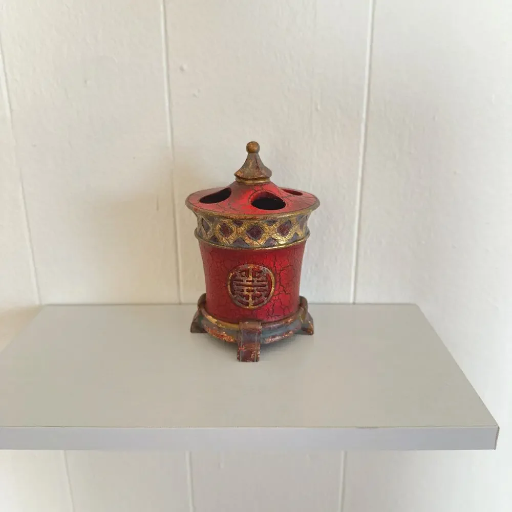 Vintage Chinese Fu Symbol Faux Cinnabar Red Resin Toothbrush Holder Good Fortune